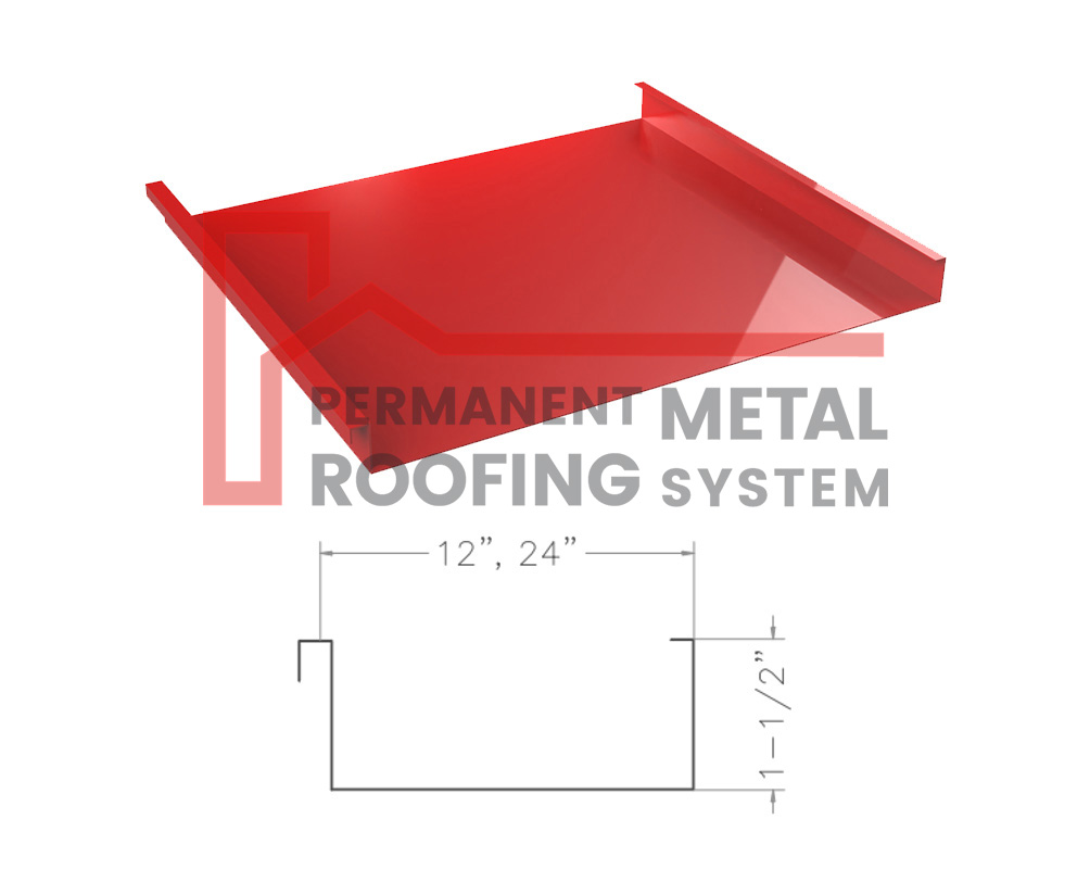 Standing Seam Metal Roofing Red 1.5-inch mechanical lock panel render with its profile drawing