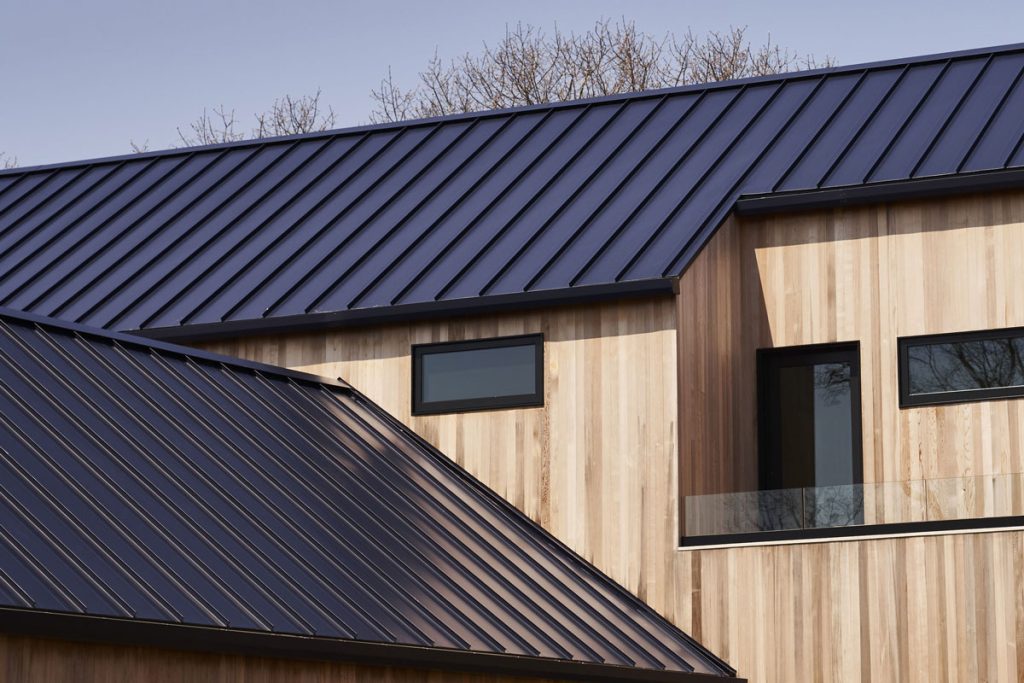 Black standing seam panels above a cedar-clad wall