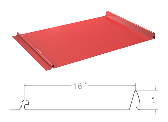 Standing Seam Metal Roofing Red 1-inch snap lock panel render with its 16-inch width drawing