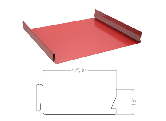 Standing Seam Metal Roofing Red 1.5-inch snap lock panel render above its profile drawing