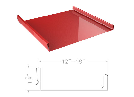 Standing Seam Metal Roofing Red 1.75-inch snap lock panel render with a 12 to 18 inch width drawing