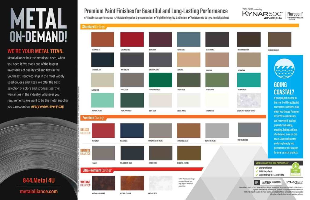 HOA Metal Roof Approval in Texas: What the Law Says and What to Submit Metal Alliance color chart of PVDF panel finish colors for HOA review