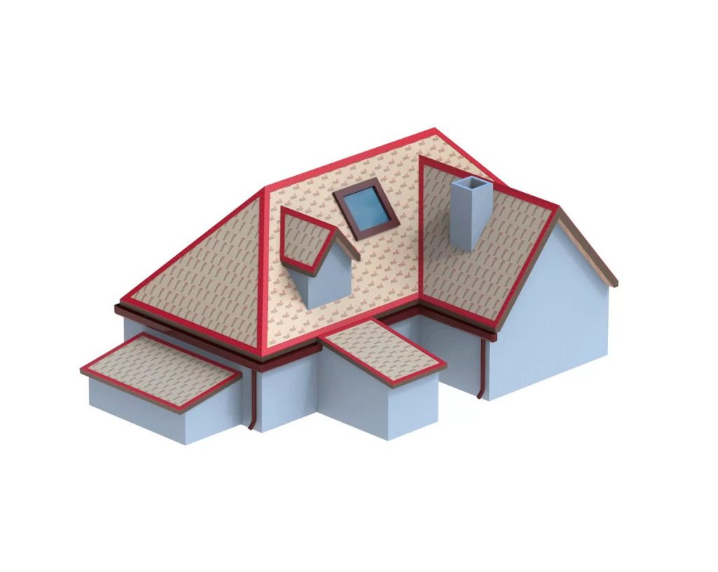 3D rendering of a roof deck covered in underlayment with red trim around the edges, dormers and skylights