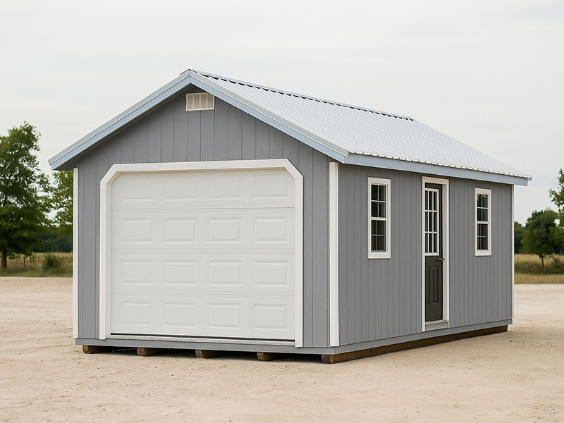 Garage & Shop Roof Add-On Gray single-car garage building with a light metal roof and a white overhead door